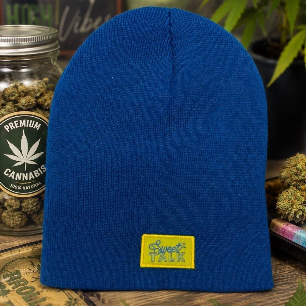 Sweet Talk Logo Patch Beanie Hat Unisex Blue Knit Streetwear Cannabis marijuana